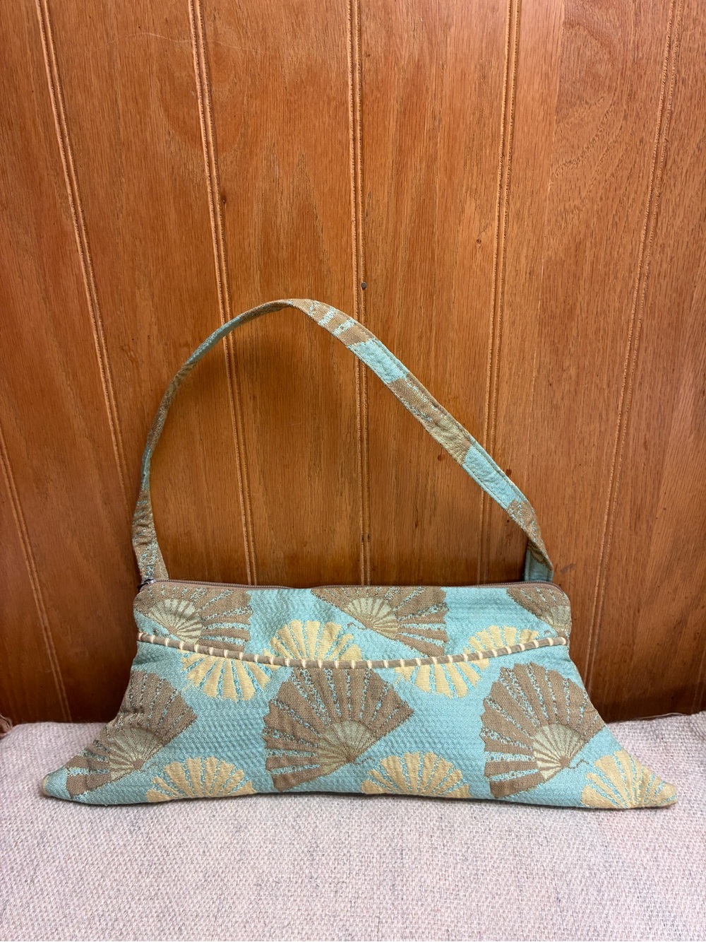 Maruca Handmade Tapestry Shoulder Bag - Mint Green & Gold Fan Print - Boulder CO
